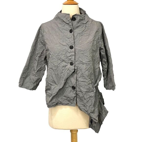 Sun Kim Gray Blouse Crinkle Taffeta Lagenlook Artsy Modern 3/4 Sleeve Size XS - Picture 1 of 8